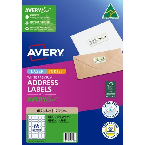 Avery Premium Adressing Labels with AveryEco  L7651  65up 10 Sheets