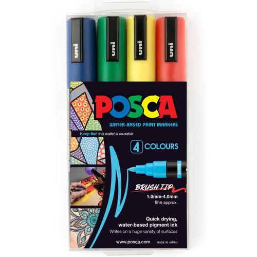 Uni Posca Marker 1-4mm  Medium Brush Tip 4 Pack Assorted PC-5BR