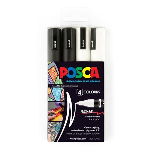 Uni Posca Marker 1-4mm  Medium Brush Tip 4 Pack Black/White PC-5BR
