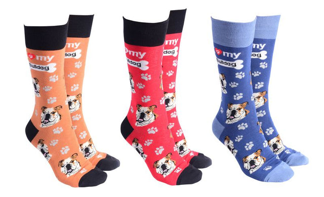 Assorted Bulldog socks featuring unique designs, offering comfort and style for dog lovers in a 6-pair set.