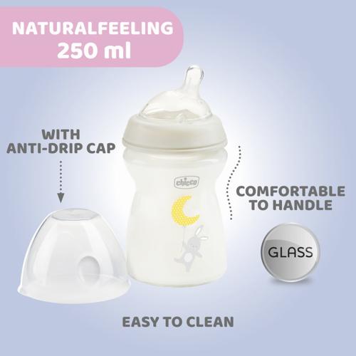 CHICCO BOTTLE GLASS: NATURAL FEELING 250ML SLOW FLOW