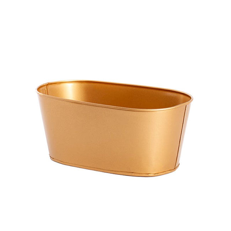 Oval gold decorative tin bucket for organizing or as a stylish accent, measuring 26.5x14x11.5cmH. Ideal for any room.