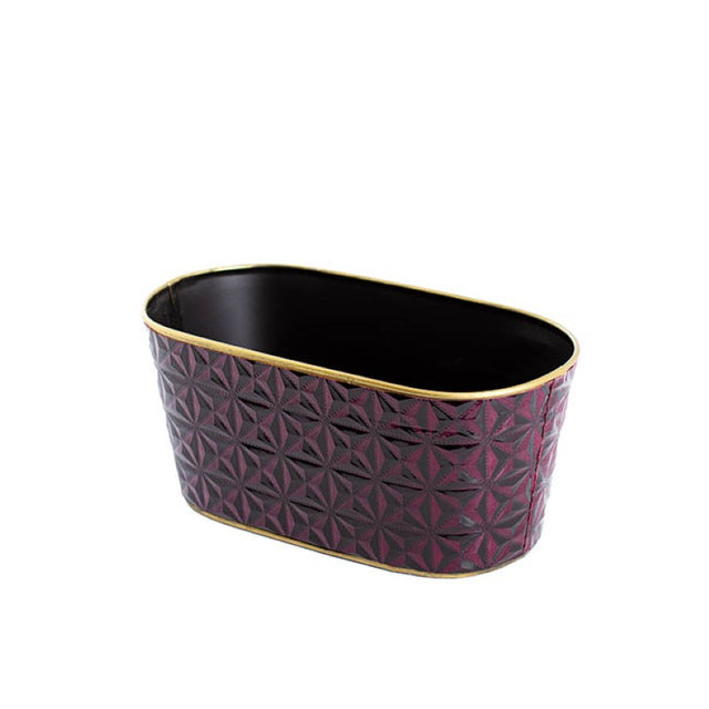 Sofia Tin Planter in Dark Red, oval shape, perfect for showcasing flowers and herbs, 23.5x12.5x11cmH, stylish and durable.