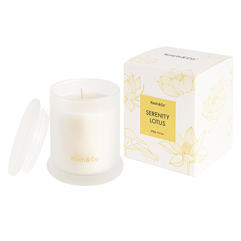 Flora Serenity Lotus scented candle, 9x10.5cm, featuring calming floral aromas for relaxation and peaceful ambiance.