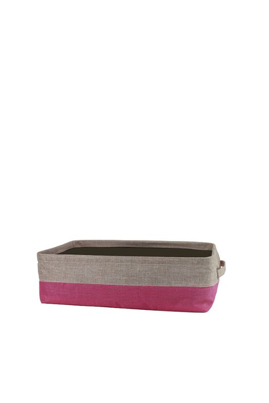 Set of 5 elegant cerise jute hamper baskets, lined with brown fabric and featuring collapsible sides and sturdy handles.