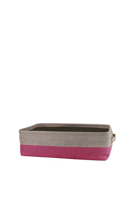 Set of 5 elegant cerise jute hamper baskets, lined with brown fabric and featuring collapsible sides and sturdy handles.