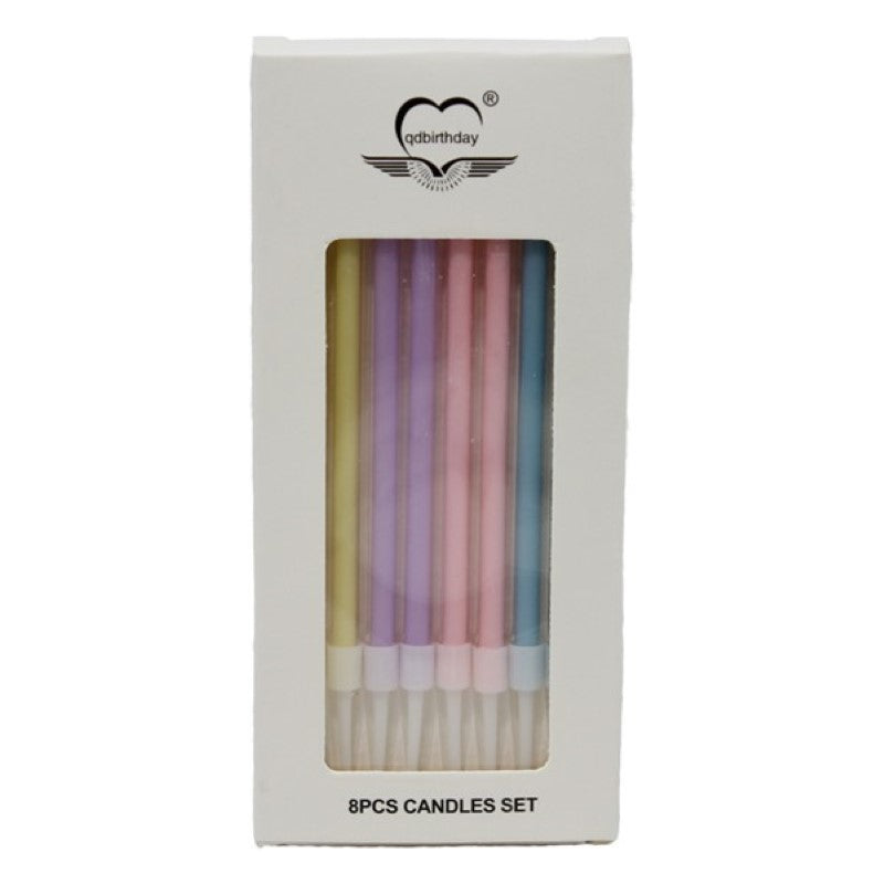 Set of 8 assorted color candles, 0.5x13.5cmH, perfect for vibrant decor and special occasions.
