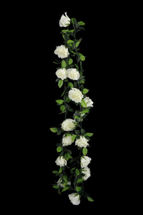 Set of 5 white artificial rose garlands with 16 roses and 40 leaves each, perfect for elegant home or event decor.