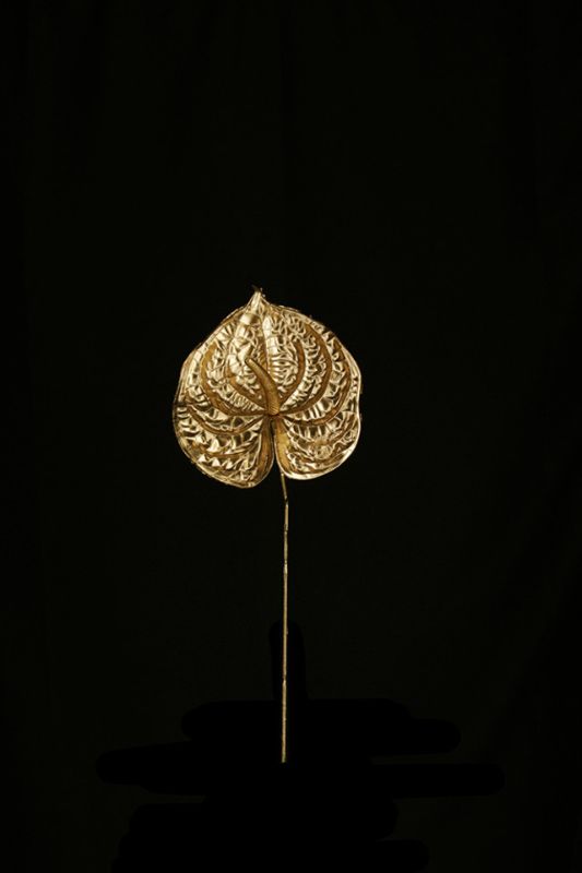 Gold Artificial Anthurium Flowers set of 4, heart-shaped, 67cm tall, symbolizing hospitality for elegant home decor.