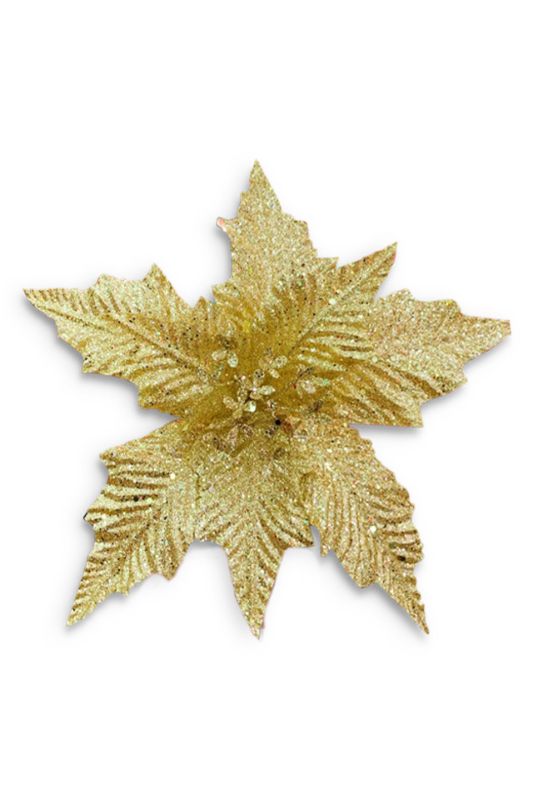 Set of 6 gold glitter poinsettia heads, 27cm each, perfect for festive decor, centerpieces, and Christmas arrangements.