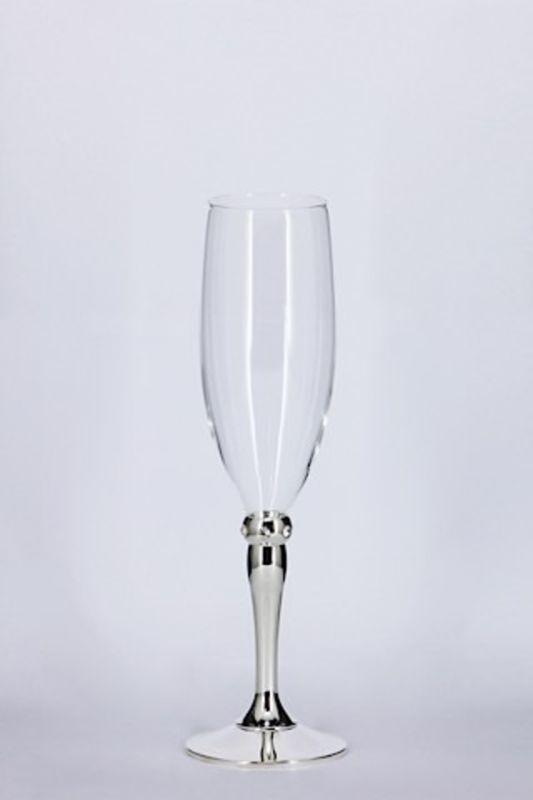 Elegant set of 2 clear glass champagne goblets with silver plated rims, perfect for celebrations and special occasions.