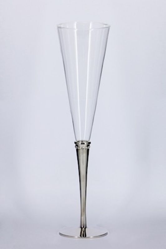 Clear champagne flutes with nickel plate accents, elegant set of 2, perfect for toasting special occasions.
