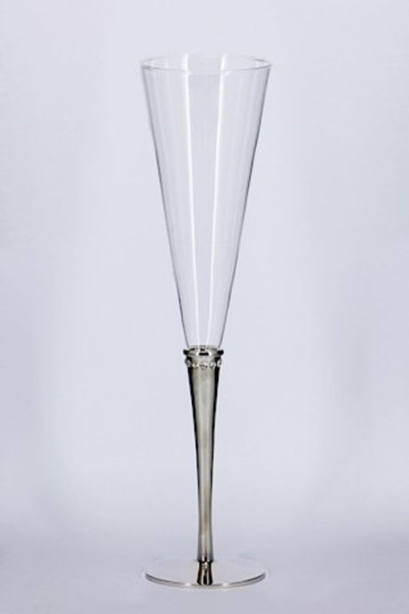 Clear champagne flutes with nickel plate accents, elegant set of 2, perfect for toasting special occasions.