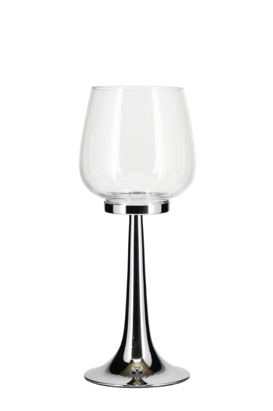 Elegant silver goblet with chrome stem, perfect for wine and cocktails at any festive occasion.