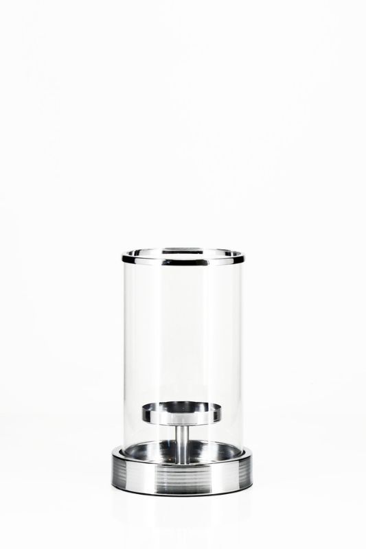 Elegant silver glass holder with chrome base, perfect for flowers or candles, measuring 14.5D x 24cmH.