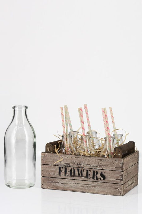 Clear glass milk bottles, 200ml each, set of 48; perfect for stylish beverage presentation at any occasion.