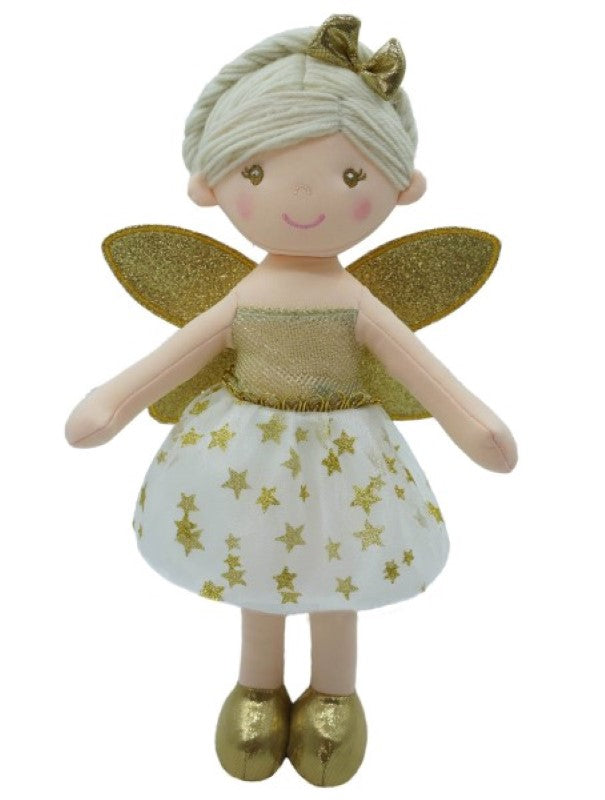 30cm plush Flora Fairy ragdoll in gold with sparkly accents, ideal for cuddles and inspiring imaginative play.