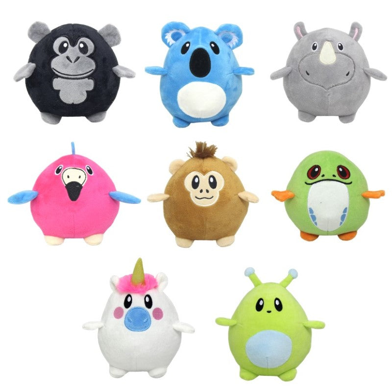 Set of 8 assorted roly poly plush animals, each 13cm, designed for cuddles, play, and imaginative fun for kids.