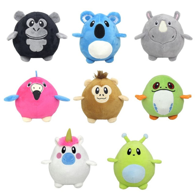 Set of 8 assorted roly poly plush animals, each 13cm, designed for cuddles, play, and imaginative fun for kids.