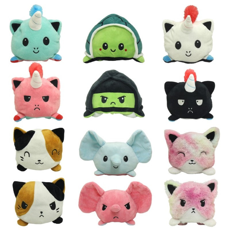 Set of 6 reversible plush animals, 19cm, featuring happy and angry faces for emotional expression and creative play.