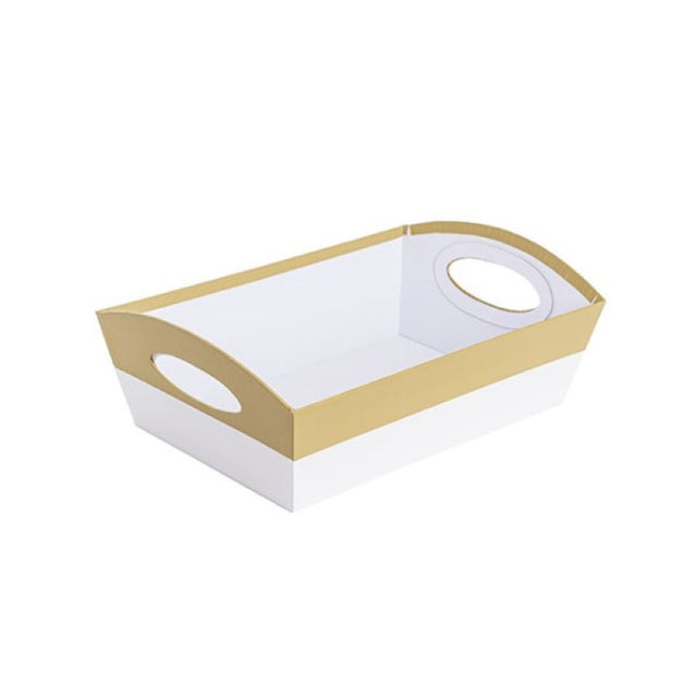 Elegant medium hamper tray in gold and white, perfect for gifts and home decor, measuring 29x20x10cm.