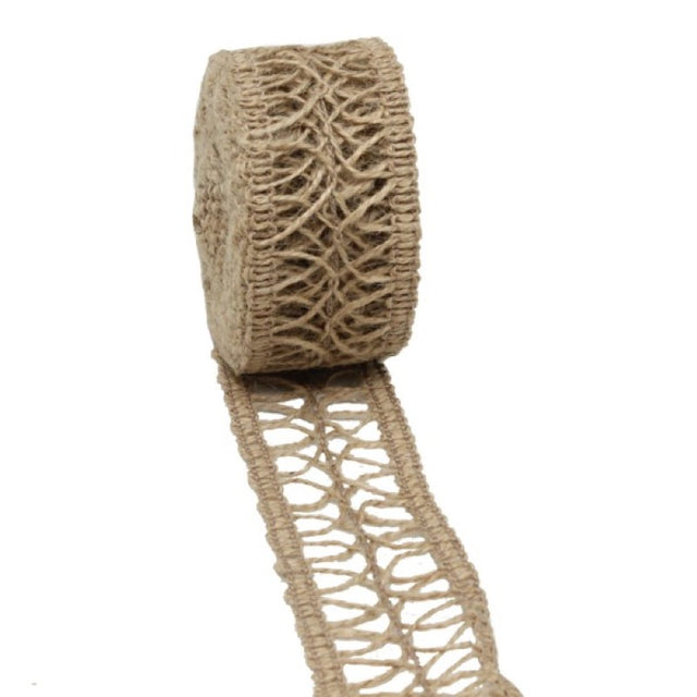 Natural jute weave ribbon, 4cm wide and 5m long, featuring a cross net design for eco-friendly crafting and décor.