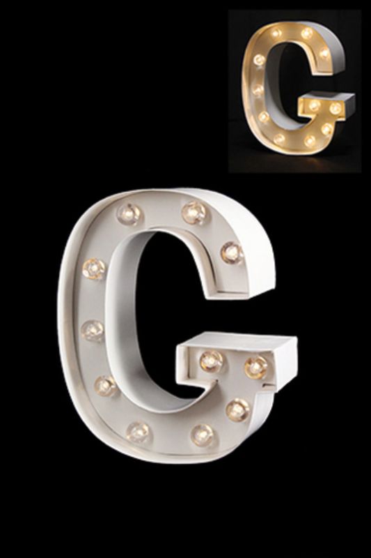 Gloss Card LED Letter 'G' in warm white, 205mmH, perfect for cozy decor, requires 2 AAA batteries, stylish illumination.