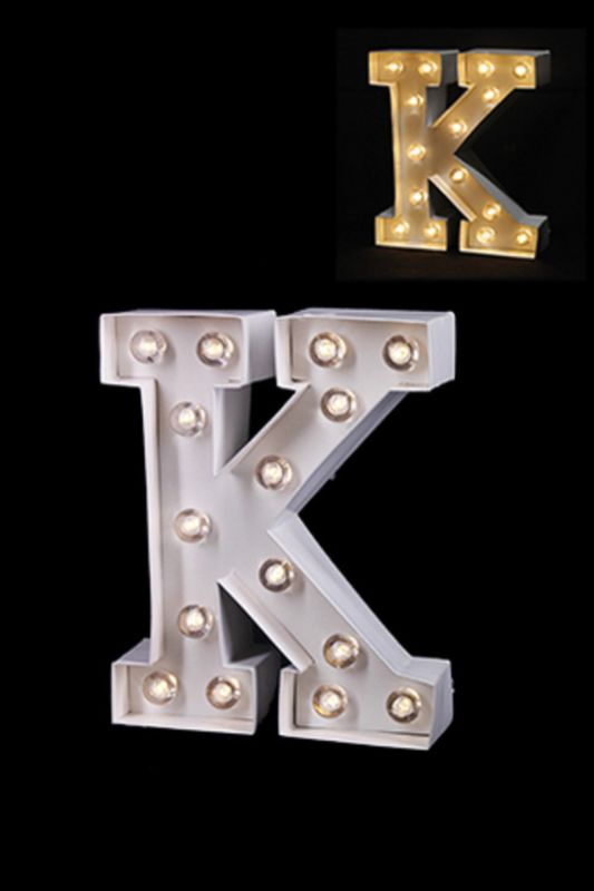 Glossy white LED letter 'K', 205mm tall, emits warm white glow for elegant home decor or personalized gifts.