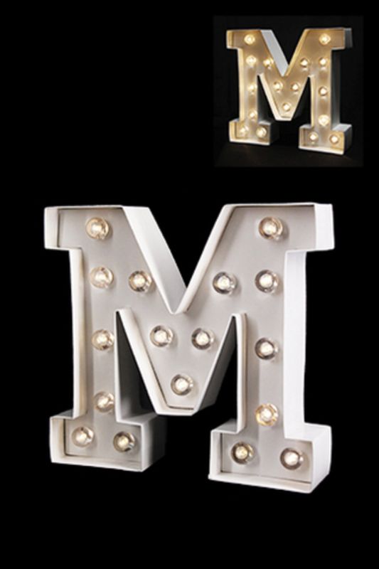 Gloss Card LED Letter 'M' in warm white, 205mm tall, battery-operated decor for personalized lighting and ambiance.