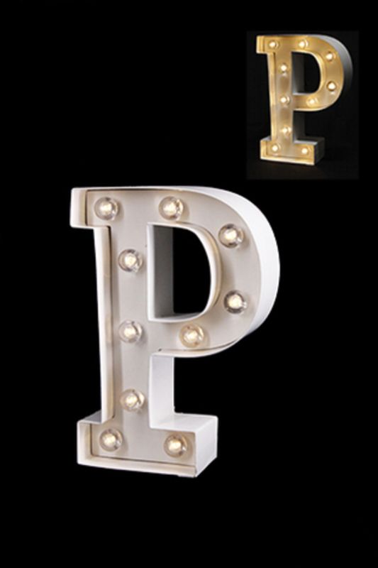 Glossy white LED letter 'P', 205mm tall, emits warm white light, perfect for personalized decor and events.