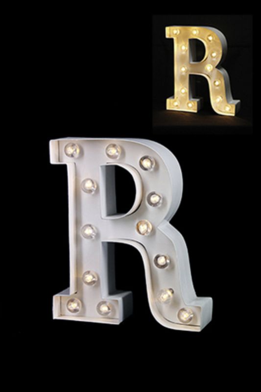 Stylish Gloss Card LED Letter 'R' in warm white, 205mm tall, perfect for personalizing any space with a cozy glow.