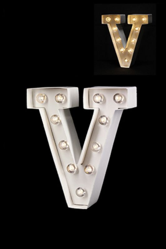 Glossy LED letter 'V' in warm white, 205mm tall, perfect for home decor and ambiance enhancement.