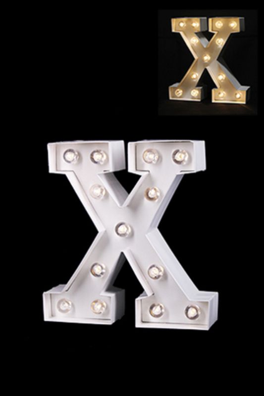 Gloss Card LED Letter 'X' in warm white light, 205mm tall, ideal for home decor and events, requires 2 AAA batteries.