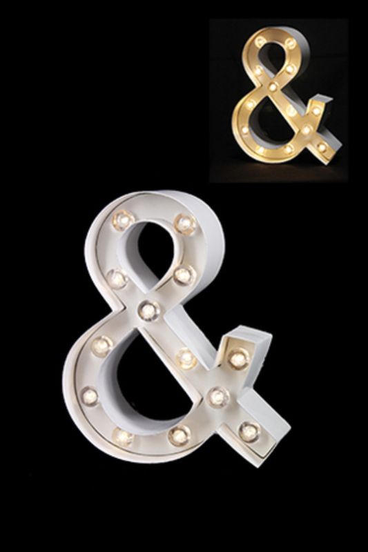 Gloss Card LED '&' in warm white, 205mm tall, perfect for weddings or home decor, operates on 2 AAA batteries.