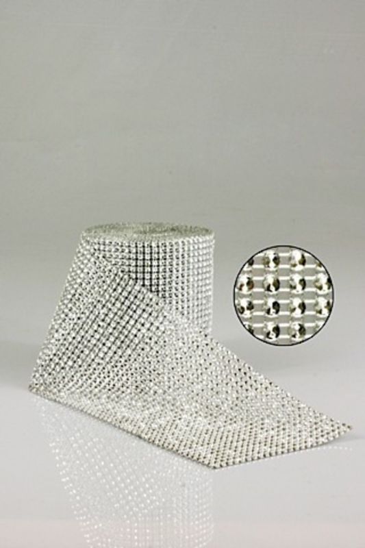 Silver diamante mesh roll, 11.5cm wide and 9m long, perfect for elegant event decorations like bouquets and vases.