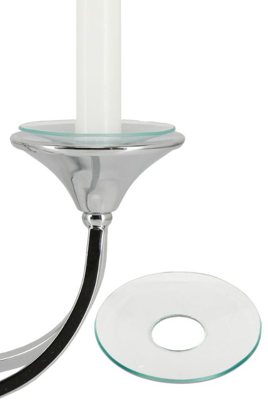 Clear glass candle discs set of 12, 80mm diameter, protect surfaces from wax drips while enhancing candelabra elegance.