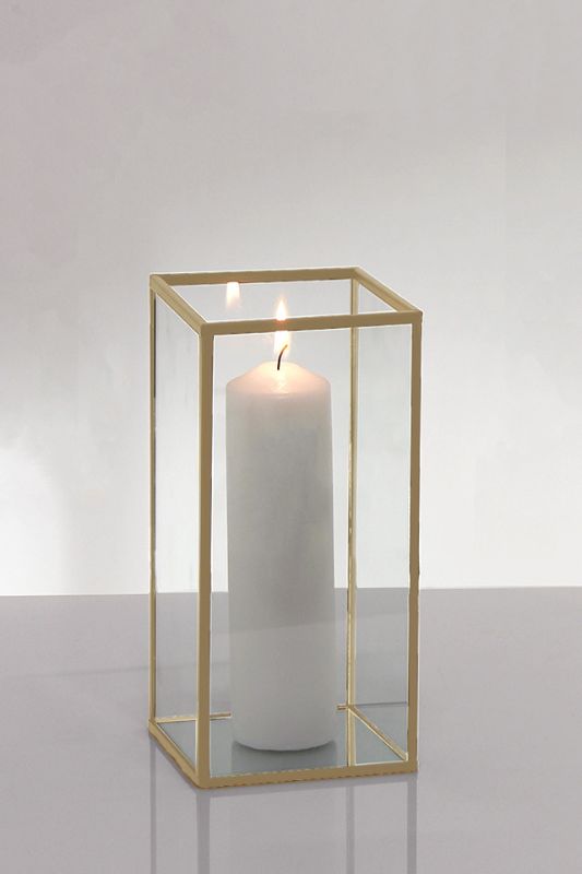 Gold metal frame glass candle box with mirror base, perfect for showcasing candles or greenery, enhancing home decor.