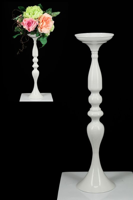 Tall white pedestal bowl made of powder-coated steel, perfect for elegant floral displays and home décor.