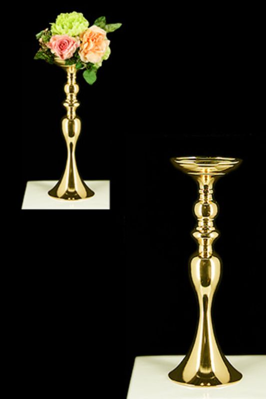 Tall gold decorative pedestal bowl made of electroplated steel, ideal for showcasing flower arrangements in style.