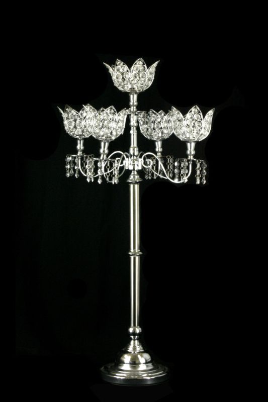 Acrylic Beaded 5 X Tulip Candelabra Chrome -  Silver - Set of 2