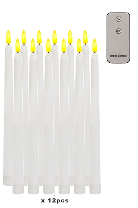 Realistic white LED taper candle with wax coating and flickering flame for ambient lighting; requires 2 AAA batteries.