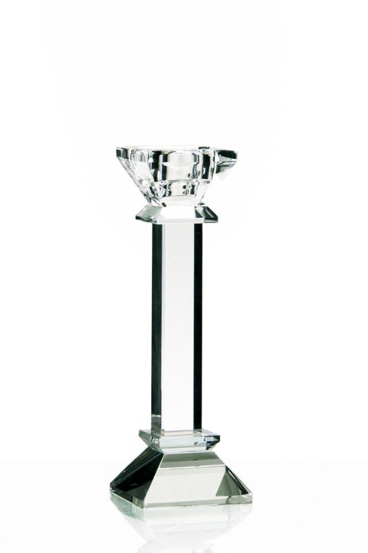Elegant K9 crystal T-light candle stick in clear, showcasing clarity and brilliance for enhancing ambiance and decor.