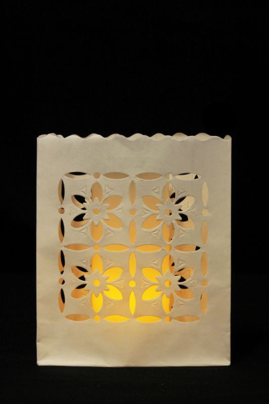 White fire-retardant paper candle bags, 50pcs, perfect for safe outdoor ambiance at events and home decor.