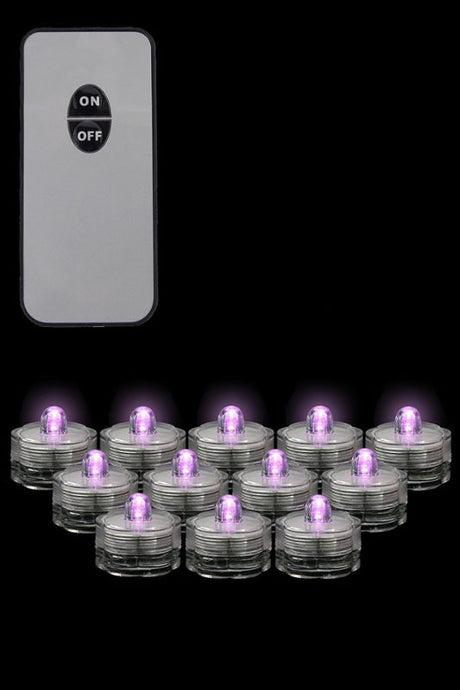 Set of 12 light pink submersible LED tealights with remote, perfect for weddings and events, creating a romantic ambiance.