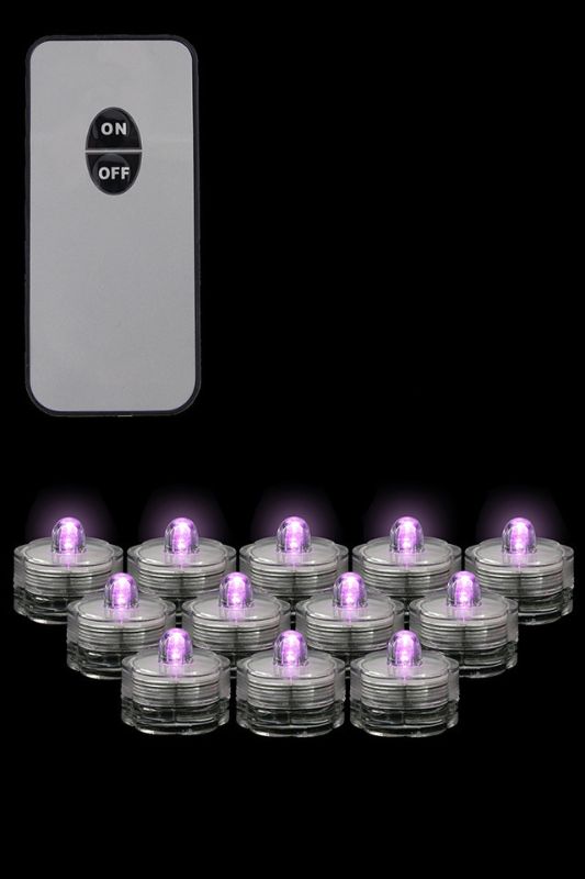 Set of 12 light pink submersible LED tealights with remote, perfect for weddings and events, creating a romantic ambiance.