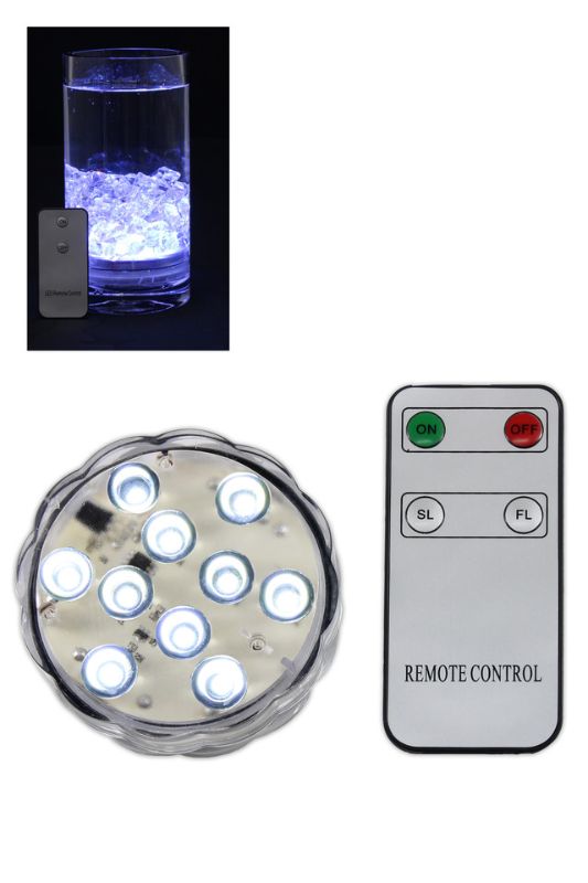 10 LED Pure White Submersible Light w Remote (3 X AAA Req.) -  White