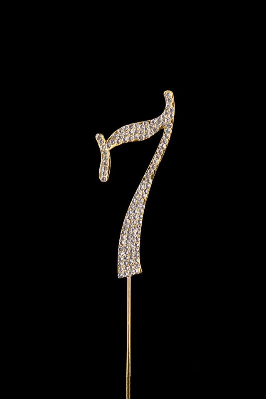 Gold diamante cake topper number 7, measuring 112mm, perfect for birthdays and chic celebrations, adds luxury to cakes.