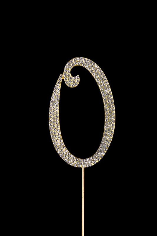 Gold Diamante Cake Number 0 with sparkling crystals for birthdays and anniversaries, 112mm tall with a 98mm spike.