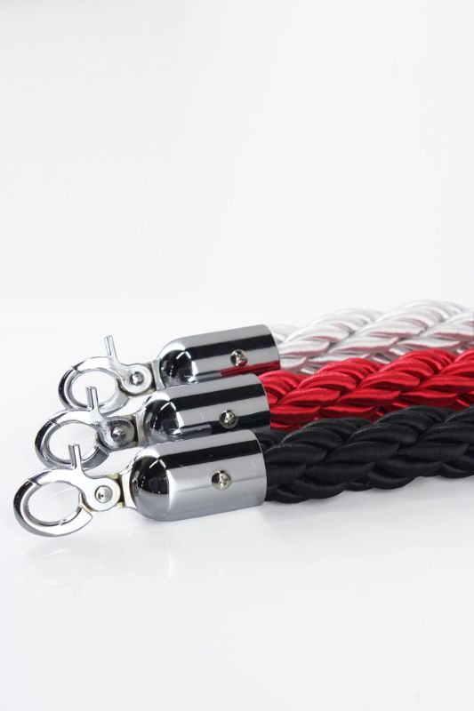 Elegant white bollard silky rope with silver hook, perfect for crowd control at special events and weddings.
