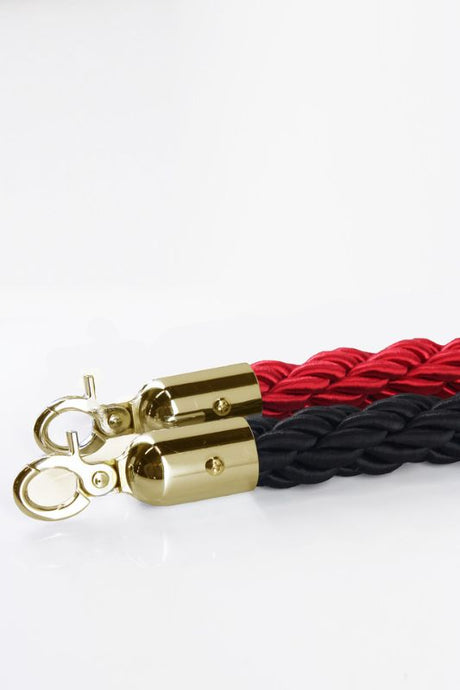 Elegant red silky rope with gold hook for crowd management and events, 1.5m long, designed to complement gold bollards.
